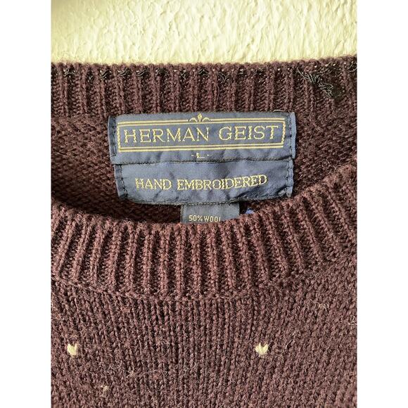 Vintage Herman Geist Hand Embroidered Wool Blend Floral Sweater Padded Size LG - Picture 5 of 10